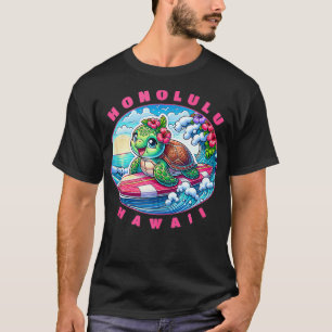 Honolulu Hawaii Girls Cute Surfing Sea Turtle T-Shirt