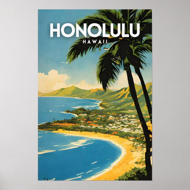 Honolulu Hawaii Nostalgic Travel Art Poster (Front)