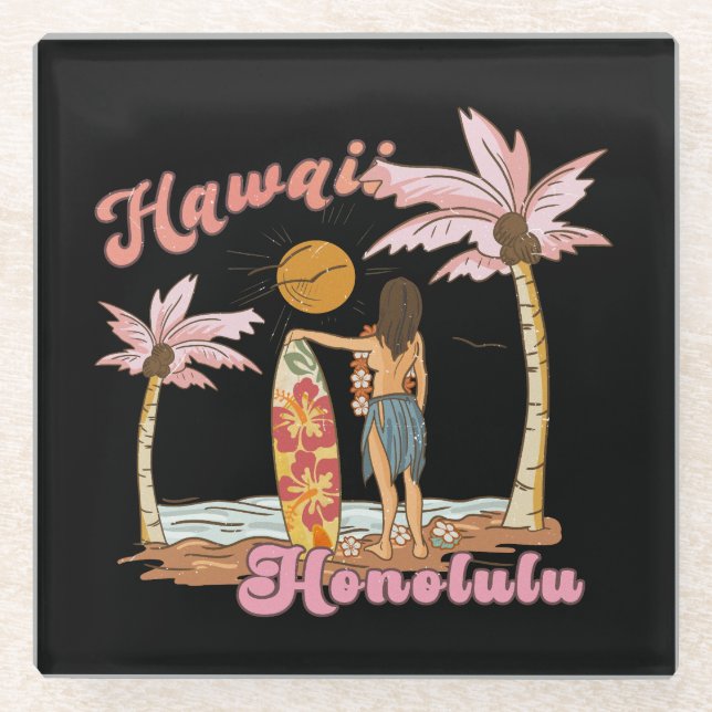 Honolulu Hawaii Retro Surf Tropical Beach Glass Coaster (Front)