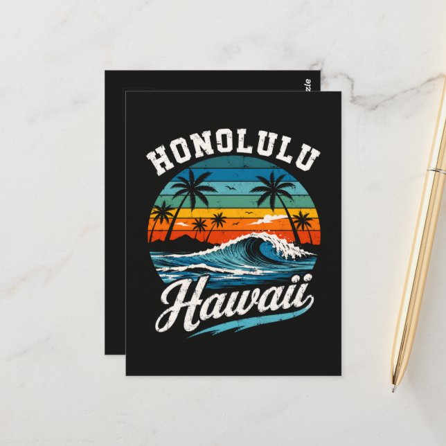 Honolulu Hawaii Surf Sunset Postcard (Front/Back In Situ)
