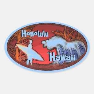 Honolulu Hawaii surfer waves art blue stickers