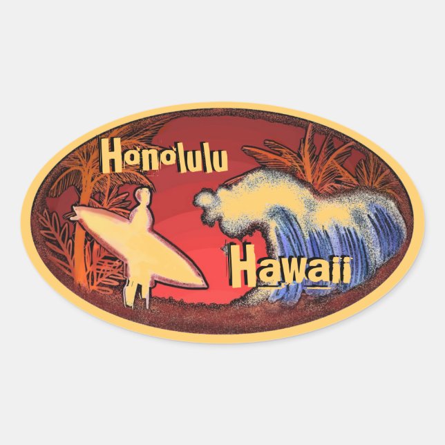 Honolulu Hawaii surfer waves art orange stickers (Front)