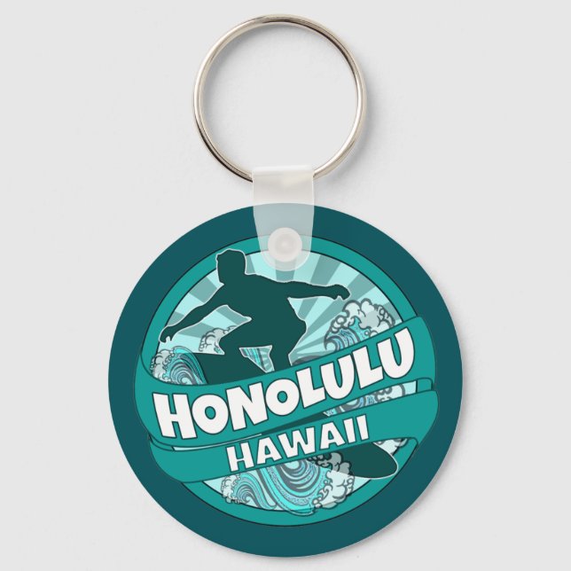 Honolulu Hawaii teal surfer logo keychain (Front)