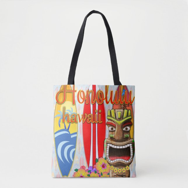 Honolulu Hawaii Tiki Surf Tote Bag (Front)