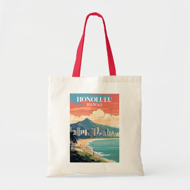 Honolulu, Hawaii: Travel Vintage Tote Bag (Front)