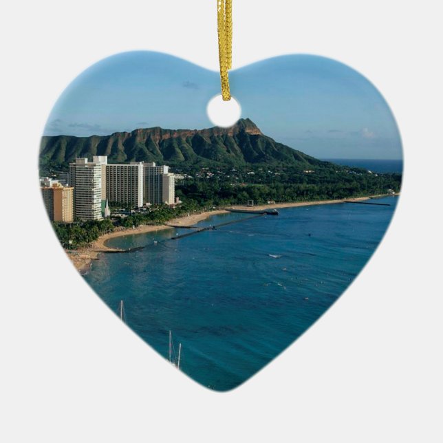Honolulu Hawaii Tropical Beach Skyline Island Ceramic Tree Decoration (Front)