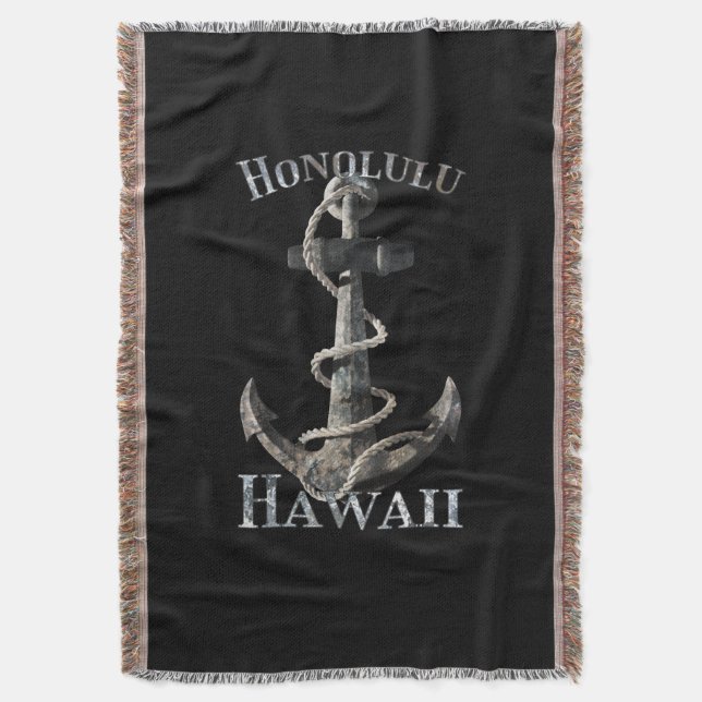 Honolulu Hawaii Vacation Nautical Anchor Sailing Throw Blanket (Front Vertical)