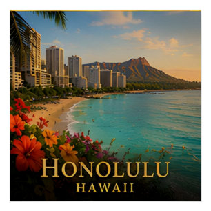 Honolulu Hawaii Waikiki Coast & Island Culture 🗺️ Poster