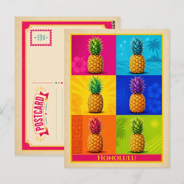 Honolulu Postcard Hawaii Pineapple Vintage Pop Art (Front/Back)