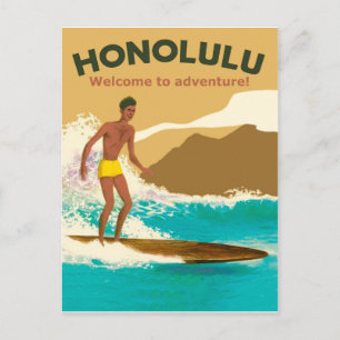 Honolulu, surfing on ocean waves postcard