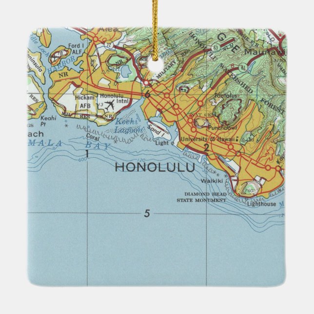 Honolulu Vintage Map Ceramic Ornament (Back)