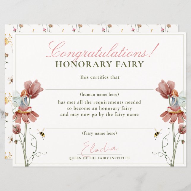 Honorary Fairy First Vintage Floral Certificate (Front/Back)