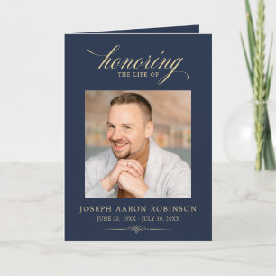 Honoring The Life Photo Gold Blue Funeral Program  Card