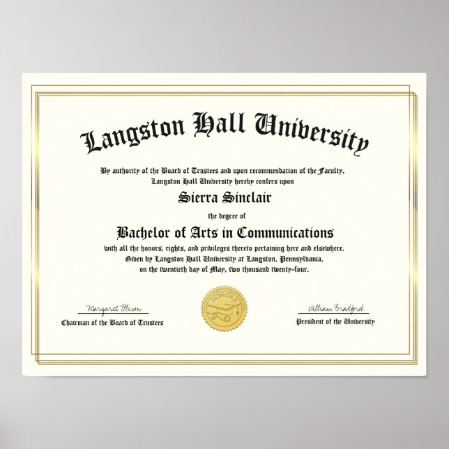 Honors College or University Diploma Replica Poster (Front)