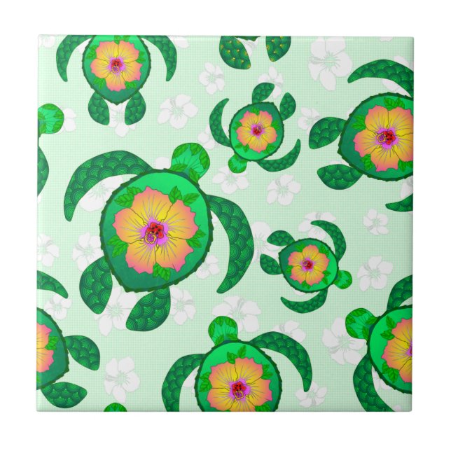 Honu Green Sea Turtles Hibiscus Flowers Tile (Front)