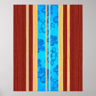 Honu Hawiian Faux Wood Surfboard Poster
