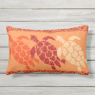 Honu Sea Turtle Hawaiian Reversible Batik - Orange Outdoor Cushion