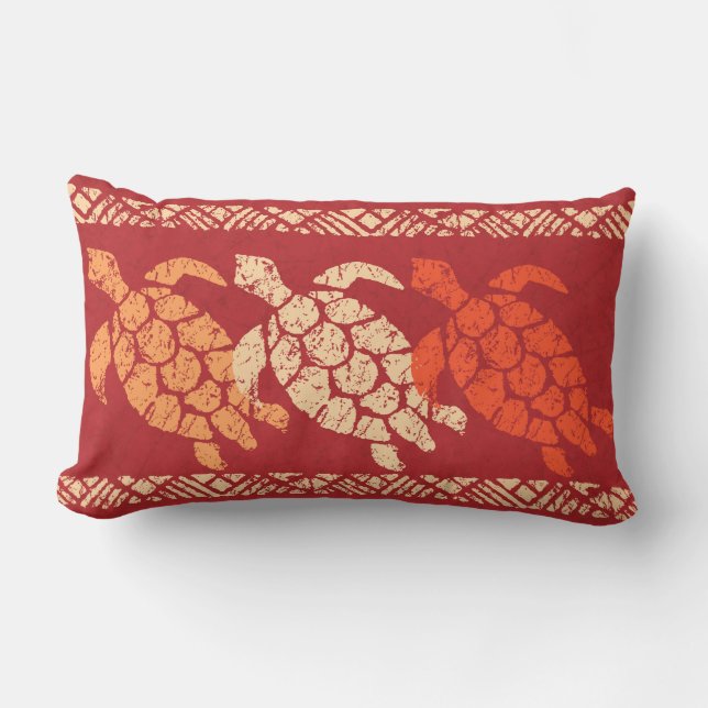 Honu Sea Turtle Hawaiian Reversible Batik - Red Lumbar Cushion (Front)