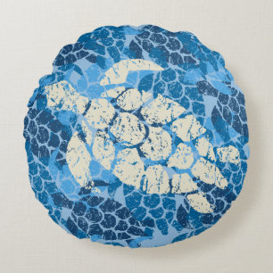 Honu Sea Turtle Hawaiian Reversible Indigo Round Cushion