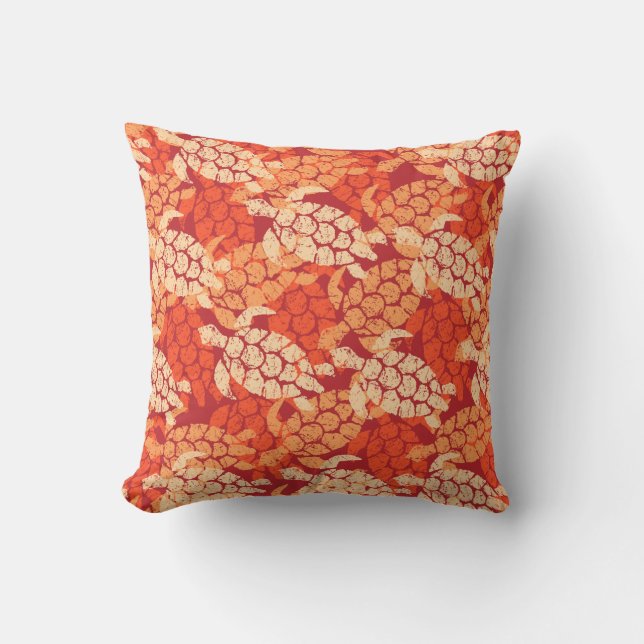 Honu Sea Turtle Hawaiian Reversible Outdoor Orange Cushion (Front)