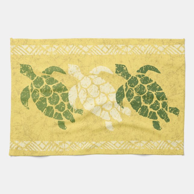 Honu Sea Turtle Hawaiian Tapa Batik -Banana Tea Towel (Horizontal)