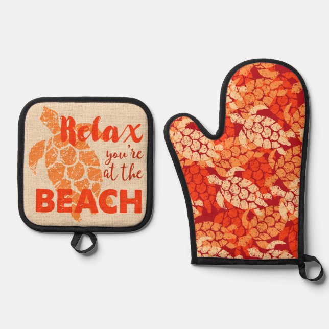 Honu Sea Turtle Hawaiian Tapa in Oranges Oven Mitt & Pot Holder Set (Front)