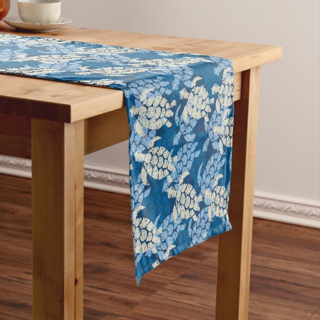 Honu Sea Turtle Hawaiian Tapa -Indigo Short Table Runner (In Situ)