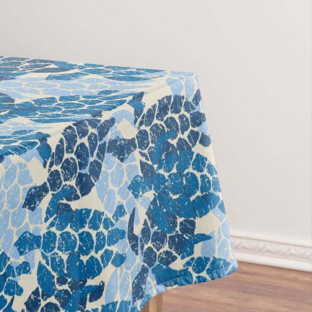 Honu Sea Turtle Hawaiian Tapa -Indigo Tablecloth (In Situ)