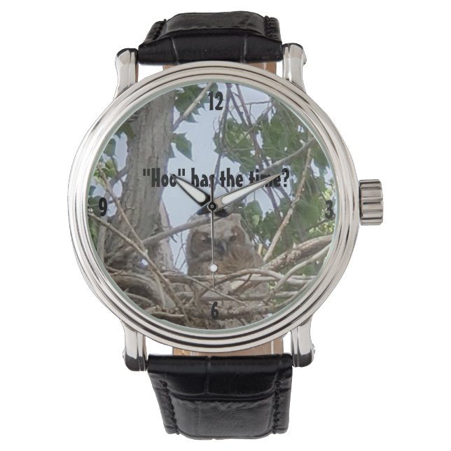 "Hoo" Has The Time | Owlet Perched in Tree Photo Watch (Front)