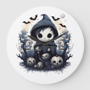 Hooded Chibi Reaper Halloween - Whimsical Dark Fan Large Clock