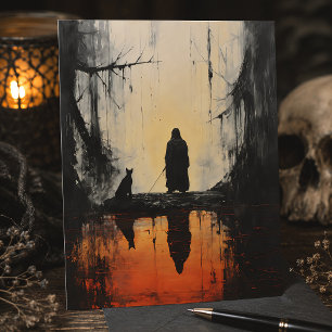 Hooded Figure & Black Cat Foggy Gothic Landscape Postcard