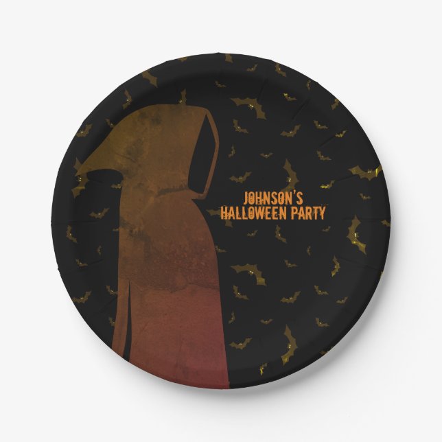 Hooded Grim Reaper Halloween Flying Bats Paper Plate (Front)