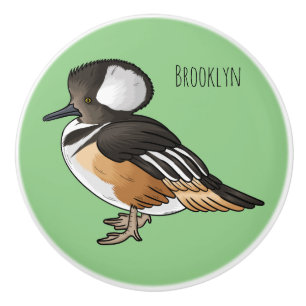 Hooded merganser bird cartoon illustration Ceramic Knob