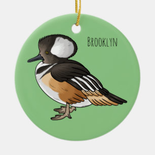 Hooded merganser bird cartoon illustration Ceramic Tree Decoration