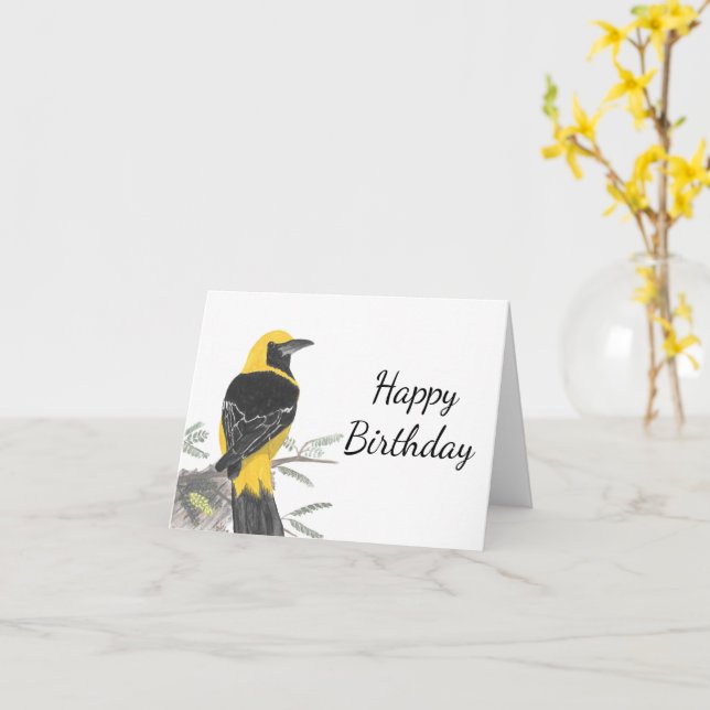 Hooded Oriole White Background Birthday Card (Yellow Flower)