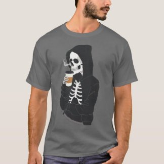 Hoodie Skeleton Drinking Coffee Grey Halloween T-Shirt