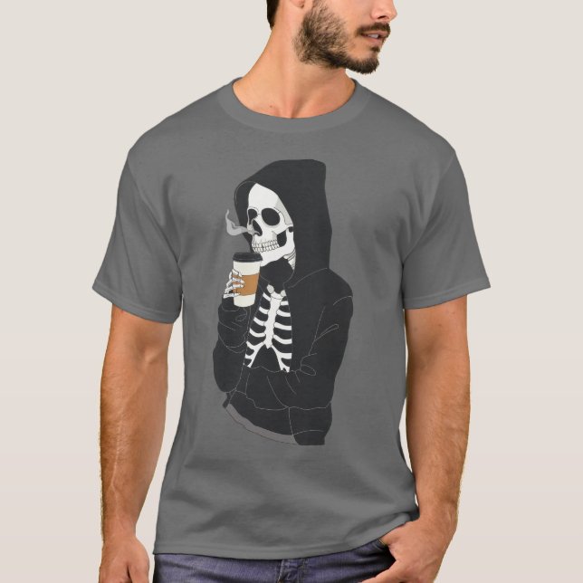 Hoodie Skeleton Drinking Coffee Grey Halloween T-Shirt (Front)