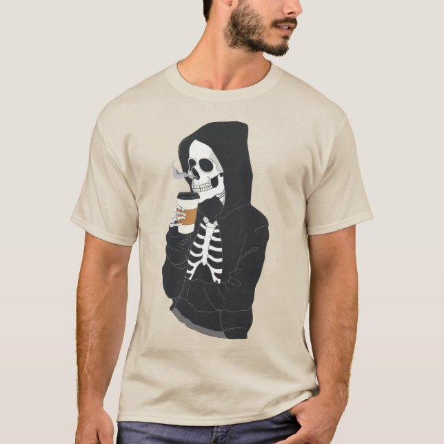Hoodie Skeleton Drinking Coffee T-Shirt (Front)