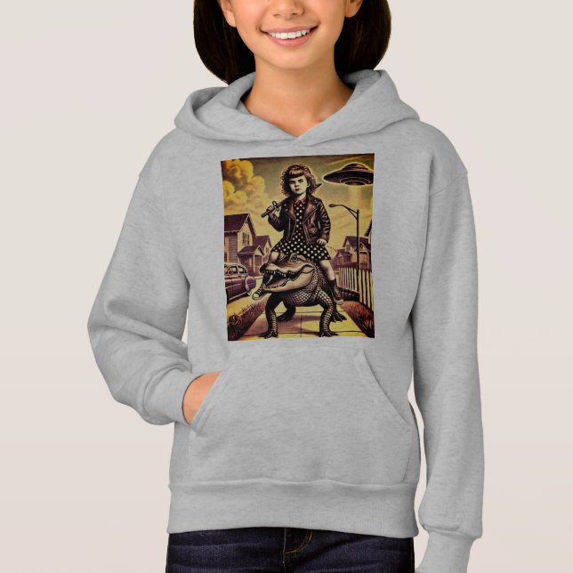 hoodie with little girl and alligator on it (Front)