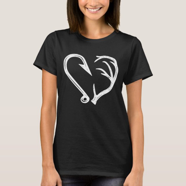 Hook Antler Heart Love Fishing Hunting Fish Deer H T-Shirt (Front)
