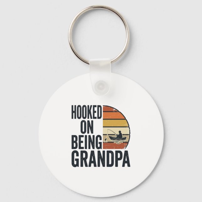 Hooked On Being Grandpa Fishing Retro Vector Desig Key Ring (Front)