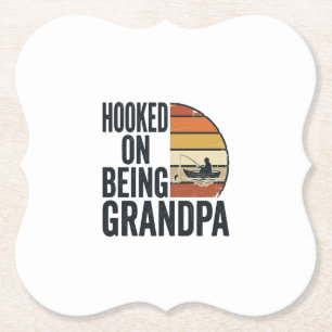 Hooked On Being Grandpa Fishing Retro Vector Desig Paper Coaster