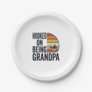 Hooked On Being Grandpa Fishing Retro Vector Desig Paper Plate