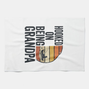 Hooked On Being Grandpa Fishing Retro Vector Desig Tea Towel