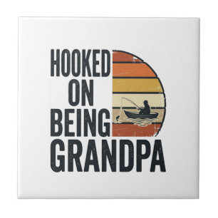 Hooked On Being Grandpa Fishing Retro Vector Desig Tile