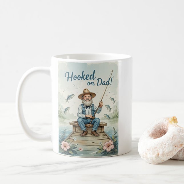Hooked on Dad Fishing Fathers Day Funny  Coffee Mug (With Donut)
