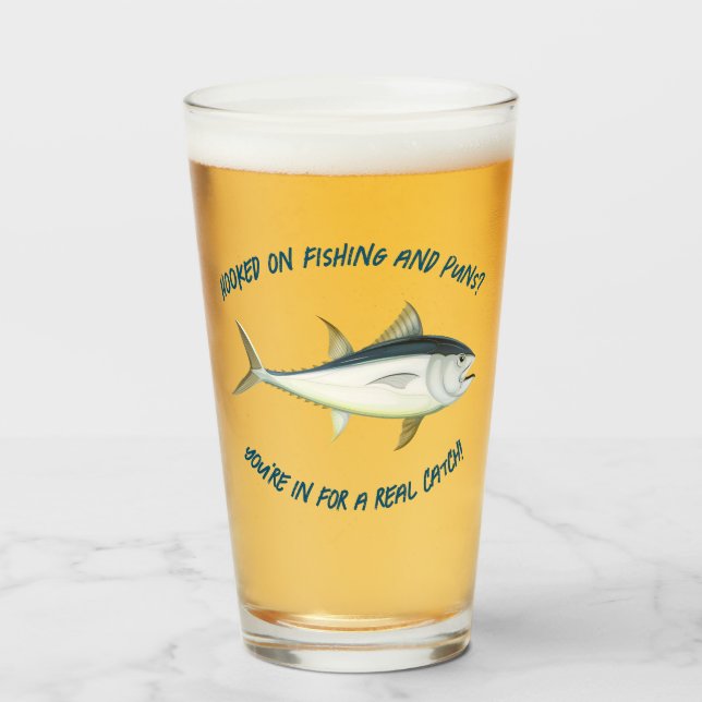 Hooked on fishing and Puns? - Fishing Beer Glass (Front Filled)