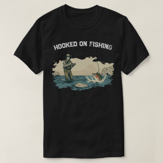 Hooked on Fishing Vintage Outdoorsman Angler Scene T-Shirt