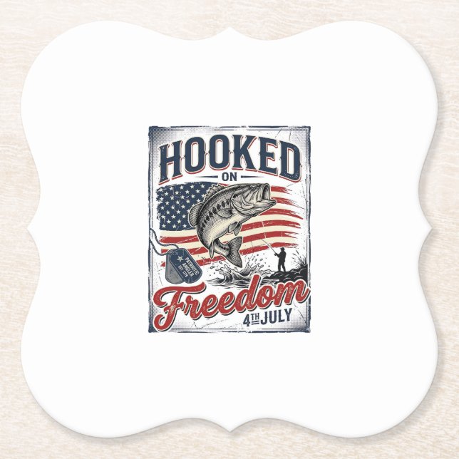Hooked On Freedom 4th July Fishing Paper Coaster (Front)