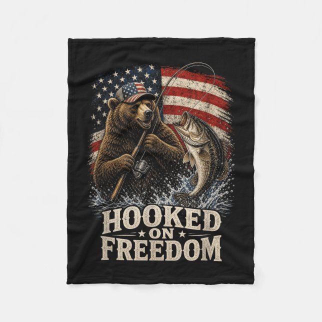 Hooked on freedom fishing bear american flag fleece blanket (Front)